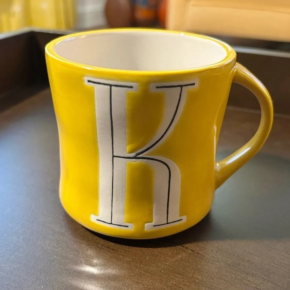 Anthropologie K Initial Mug Yellow White Monogram Hand Painted